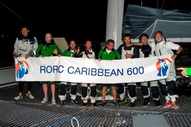 Phaedo^3, owner Lloyd Thornburg and crew celebrate on arrival after completing the 2015 RORC Caribbean 600 - © RORC/Ted Martin/photofantasy.zenfolio.com